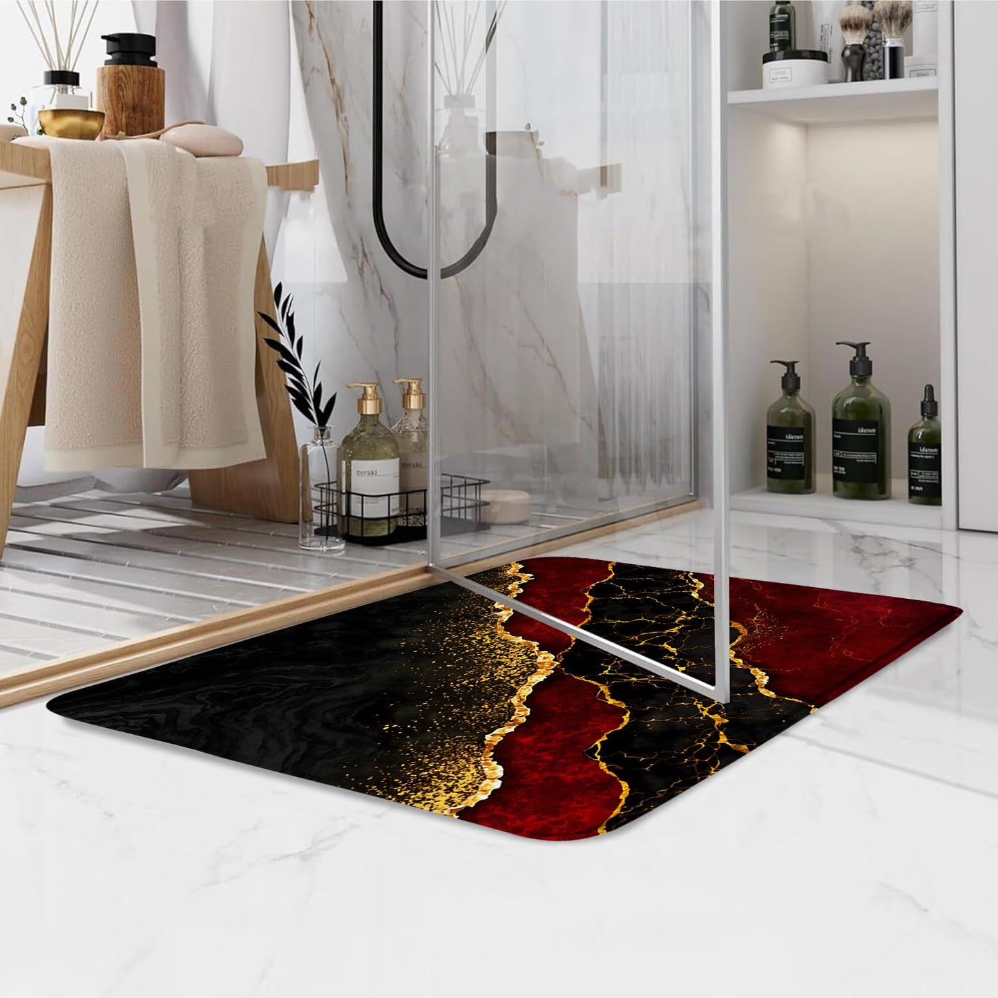 ZKJSMGS Red Marble Bath Mat Abstract Burgundy Maroon Marble Gold Veins Texture Crack Ink Luxury Geometric Creative Bath Rugs for Bathroom Kitchen,17.8x29.5 Inch