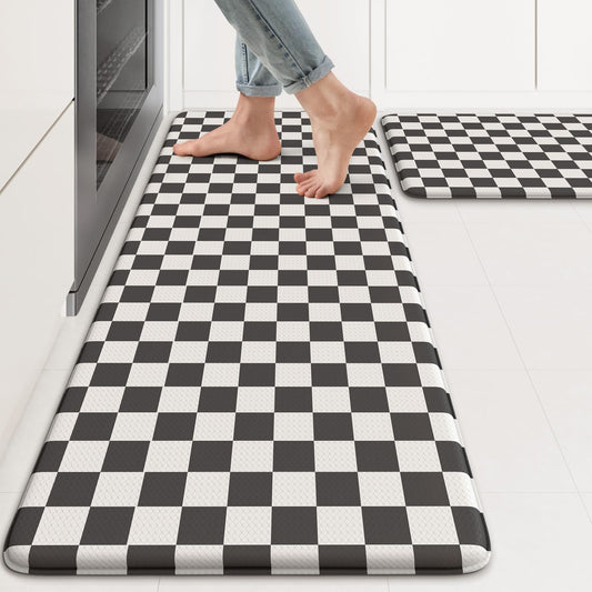 KIMODE Anti Fatigue Kitchen Mat for Floor, 17"x47"+17"x29" Checkered Kitchen Rugs Sets of 2, Kitchen Floor Mats Non-Slip, Cushioned Standing Desk mat for Sink Laundry Office Black and White
