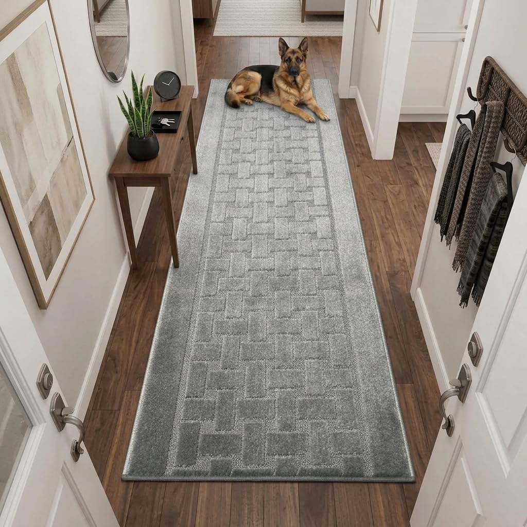 Runner Rug 8 ft, Non-Slip Washable Rug, Grey Textured Carpet for Kitchen Hallway Laundry Entryway, Rubber Backing, Indoor, Rolled in Box (26" x 8'), Custom Size Floor Runner