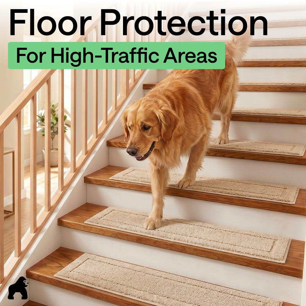 GORILLA GRIP Peel and Stick Stair Treads,15 Pack, for Wooden Steps, Multi-Surface Use, Machine Washable Carpet Runners, Indoor Rugs for Stairs, Pet Friendly, Universal Size,Beige, 8x28 Inches
