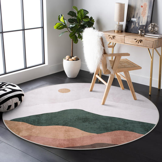 Sungea 4ft Abstract Round Rug,Soft Washable Non-Slip Sun and Mountain Circle Kids Room Rugs,Chic Faux Wool Low-Pile Circular Throw Rugs for Entryway/Bedroom/Nursery/Living Room/Bathroom(Grey)