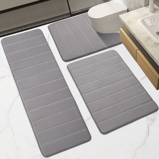 Memory Foam Bathroom Rugs Sets 3 Piece, Extra Thick Soft Absorbent Non Slip Upgraded, Washable Toilet Bath Mat Shower Carpet for Bedroom, Living Room (Grey, U Shape 24” X 24”+24” X 32”+17” X 48”)
