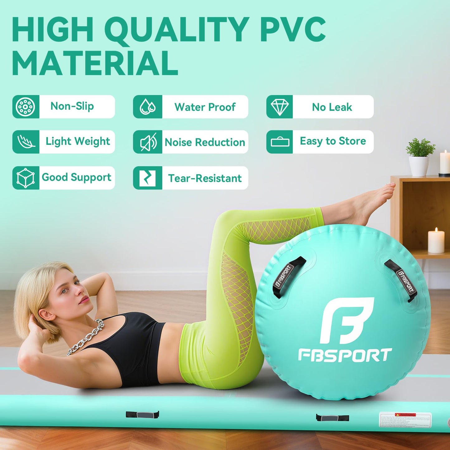 FBSPORT Air Roller Gymnastics Barrel, Inflatable Gymnastics Air Roller Inflatable Air Gymnastics Mat with Electric Pump for Yoga Cheerleading Training Home Outdoor Use (39x24inch Green)