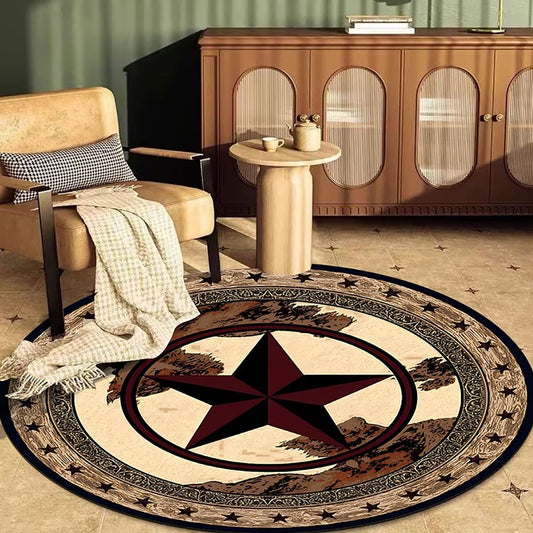 Qmkmyy Round Rustic Texas Stars Area Rug 3Ft Western Cowboy Bordered Circular Rugs for Bedroom Study Room Low Pile Farmhouse Floor Mats