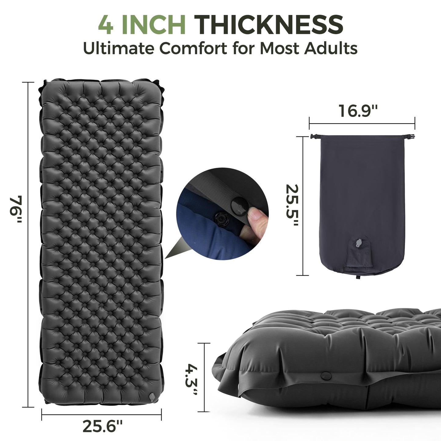 Asrug Camping Insulated Sleeping Pad with 9.0 R-Value for All Season Portable 4" Thick Camping Mattress Pad for Outdoor Hiking Tent Ultralight Backpacking Inflatable Sleeping Mat(Gray)