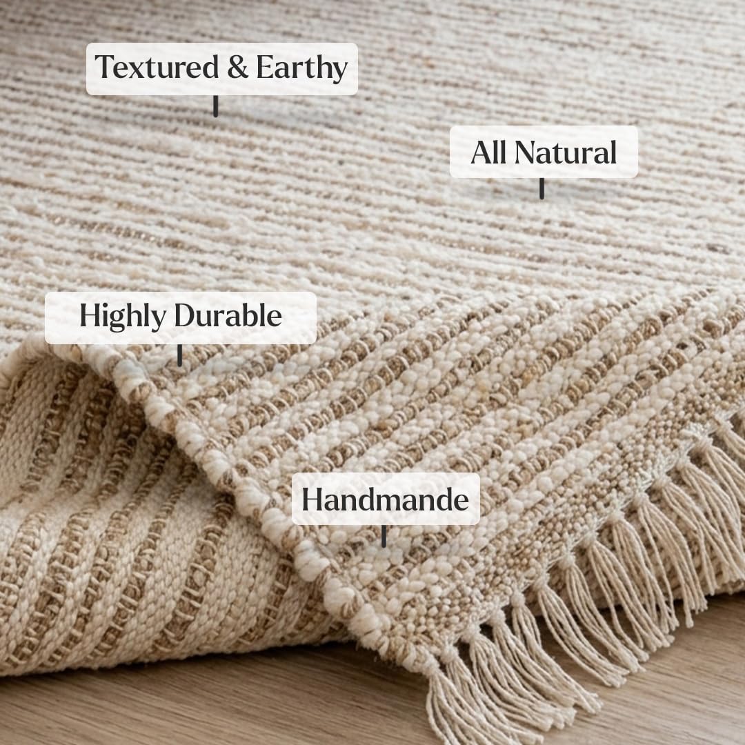 HOMEMONDE Jute Cotton Area Rug 5x8 ft Large Rectangle Hand Woven Natural Farmhouse Rugs for Living Room, Bedroom, Kitchen, High Traffic Area - Rustic Vintage Bohemian (Natural Offwhite)