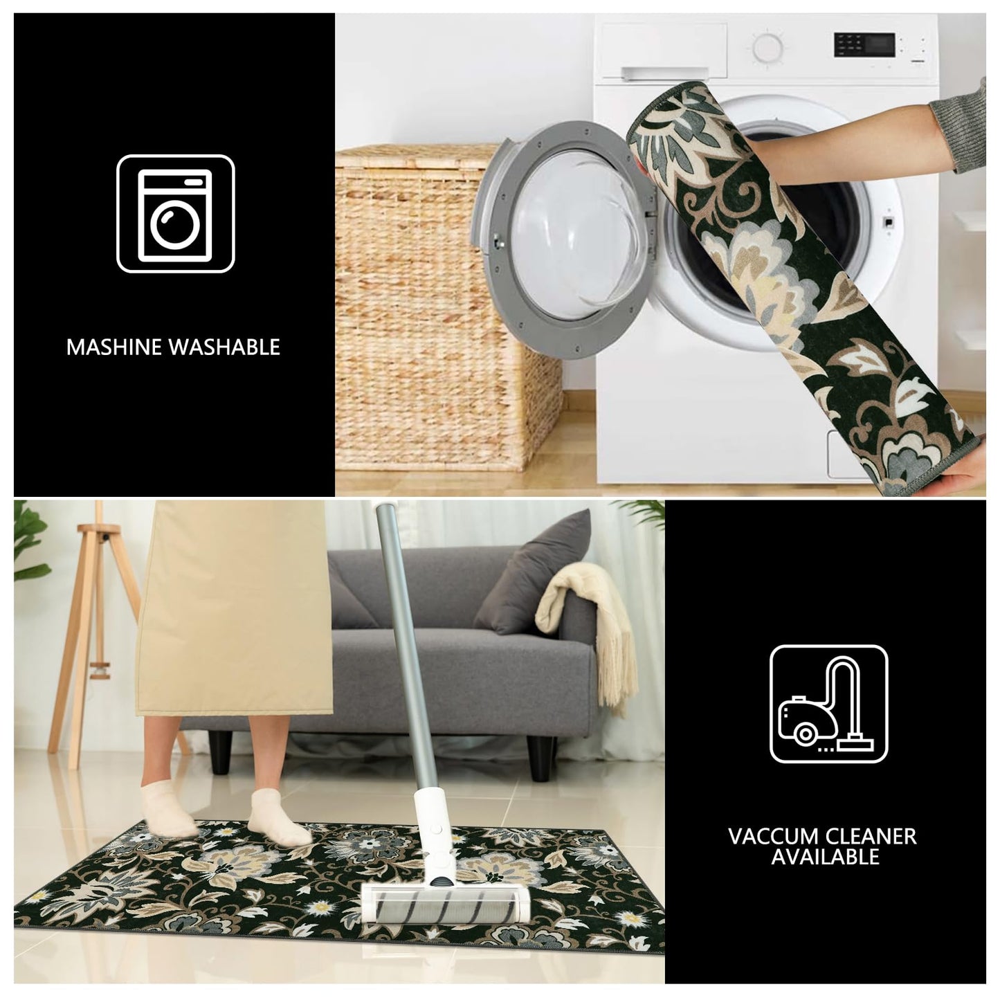 Homcomoda Boho 3 Piece Rug Set with Runner - Non Slip Floor Mats, Washable Kitchen Carpet Runner for Laundry, Hallway