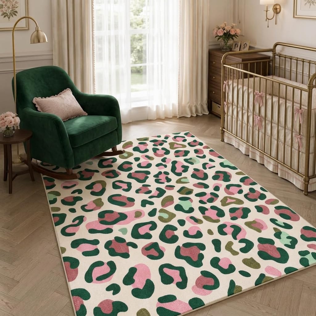 ERYATOU 5x7 Area Rug, Pink and Green Leopard Print Rug, Washable Non-Slip Low Pile Faux Cashmere Carpet for Teen Girls Bedroom, Dorm Room, Living Room Decor
