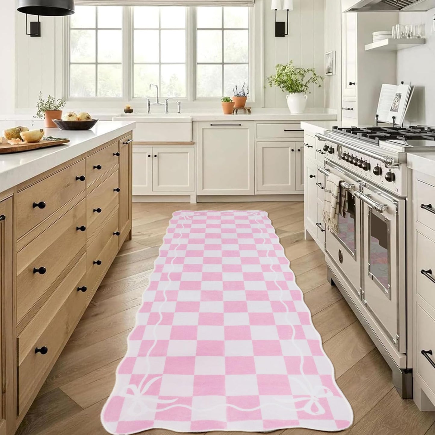 Albodanl Pink Checkered Bow Kitchen Runner Rug, 2x6 Washable Rug Runners for Hallways Non-Slip, Cute Scalloped Ultra-Thin Soft Carpet for Bedroom Bathroom Laundry Nursery Entryway