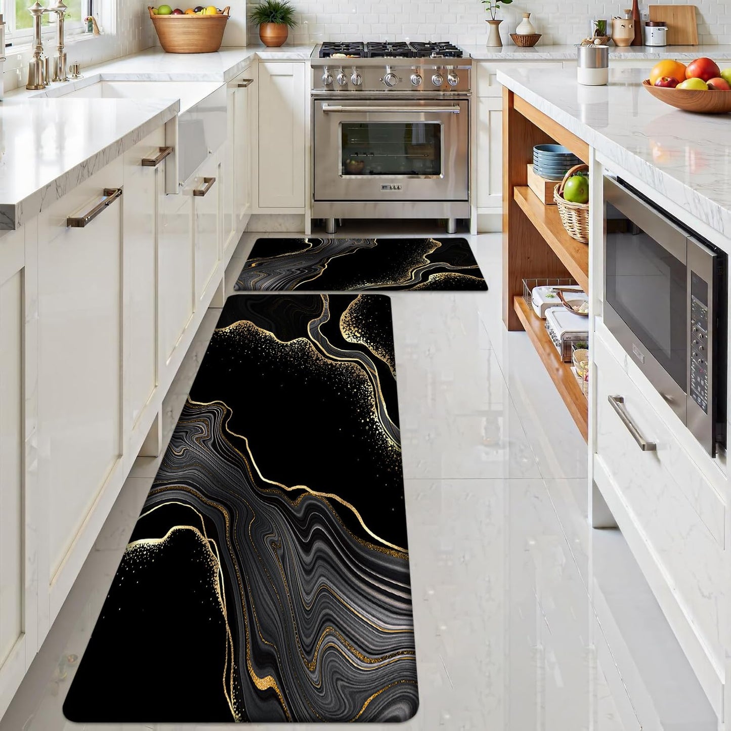 Azppsad Kitchen Mats Set of 2, Cushioned Anti Fatigue Non Slip Waterproof Runner, Black and Gold Marble Design, PVC Memory Foam, 17.3"x47" and 17.3"x29" Rectangle Rugs for Kitchen Sink and Laundry