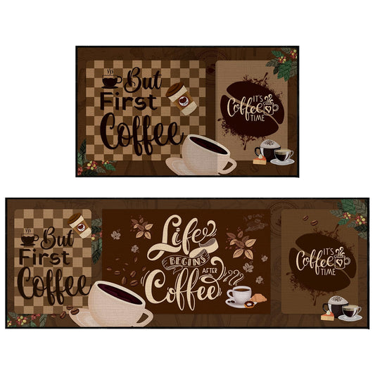 Bencailor 2 Pcs Coffee Kitchen Rugs Non Slip Absorbent Door Floor Mats Coffee Kitchen Decor Welcome Farmhouse Brown Decorative Washable Rugs for Home Indoor 17x30+17x47 Inches