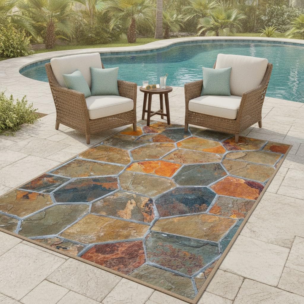 Vexyora Natural Rustic Stone Outdoor Area Rug 2x3 Brown Grey Orange Farmhouse Style Non Slip Thin Waterproof Art Deco Low Pile Floor Mats for Patio Deck Pool Garden Balcony Backyard RV Outside Rugs