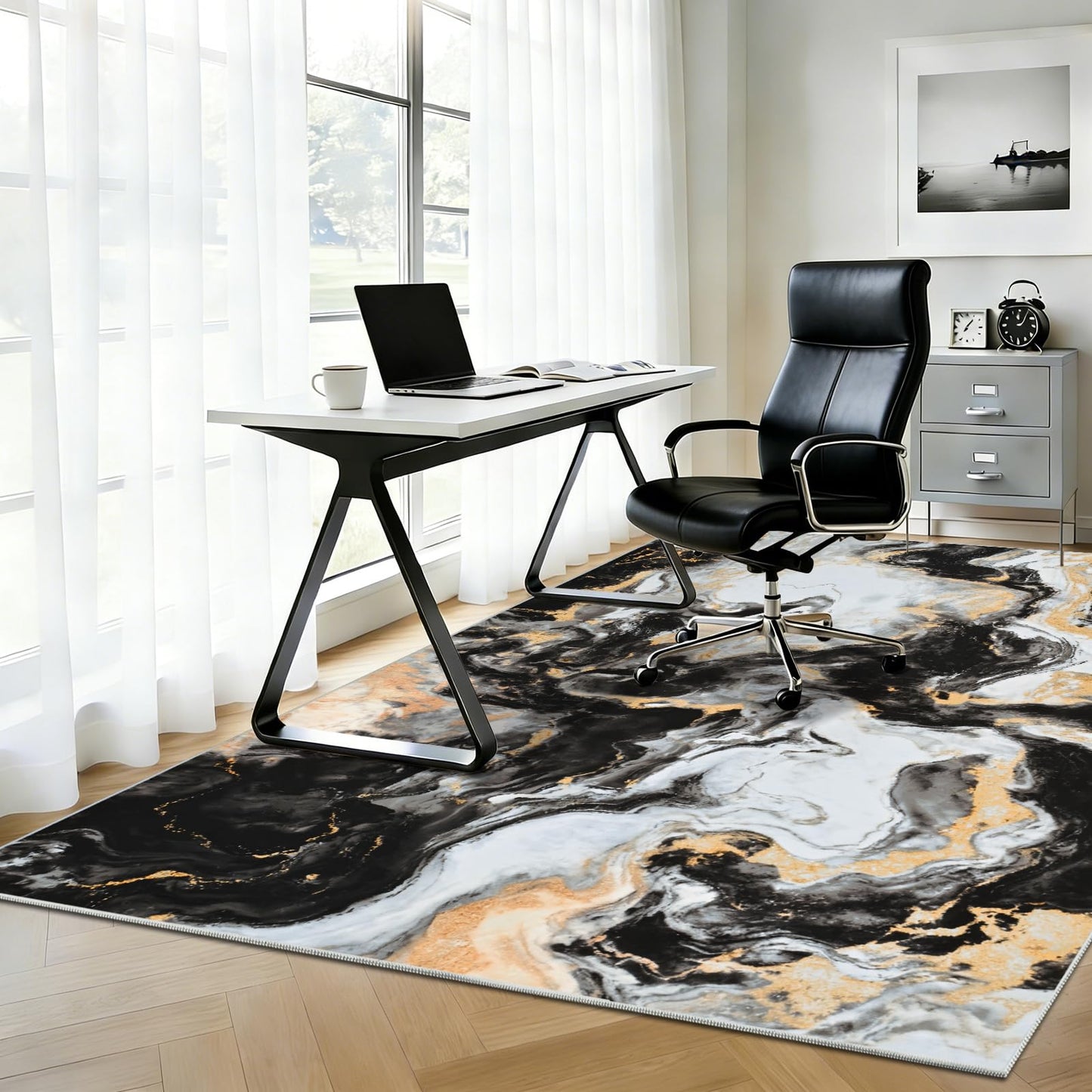 Yinhua Washable Rug 5x7, Marble Black and Gold Rugs Non Slip, Abstract Area Rugs Low Pile, Soft Faux Wool Modern Throw Rug Pet Friendly, Contemporary Floor Carpet for Living Room Bedroom Kitchen