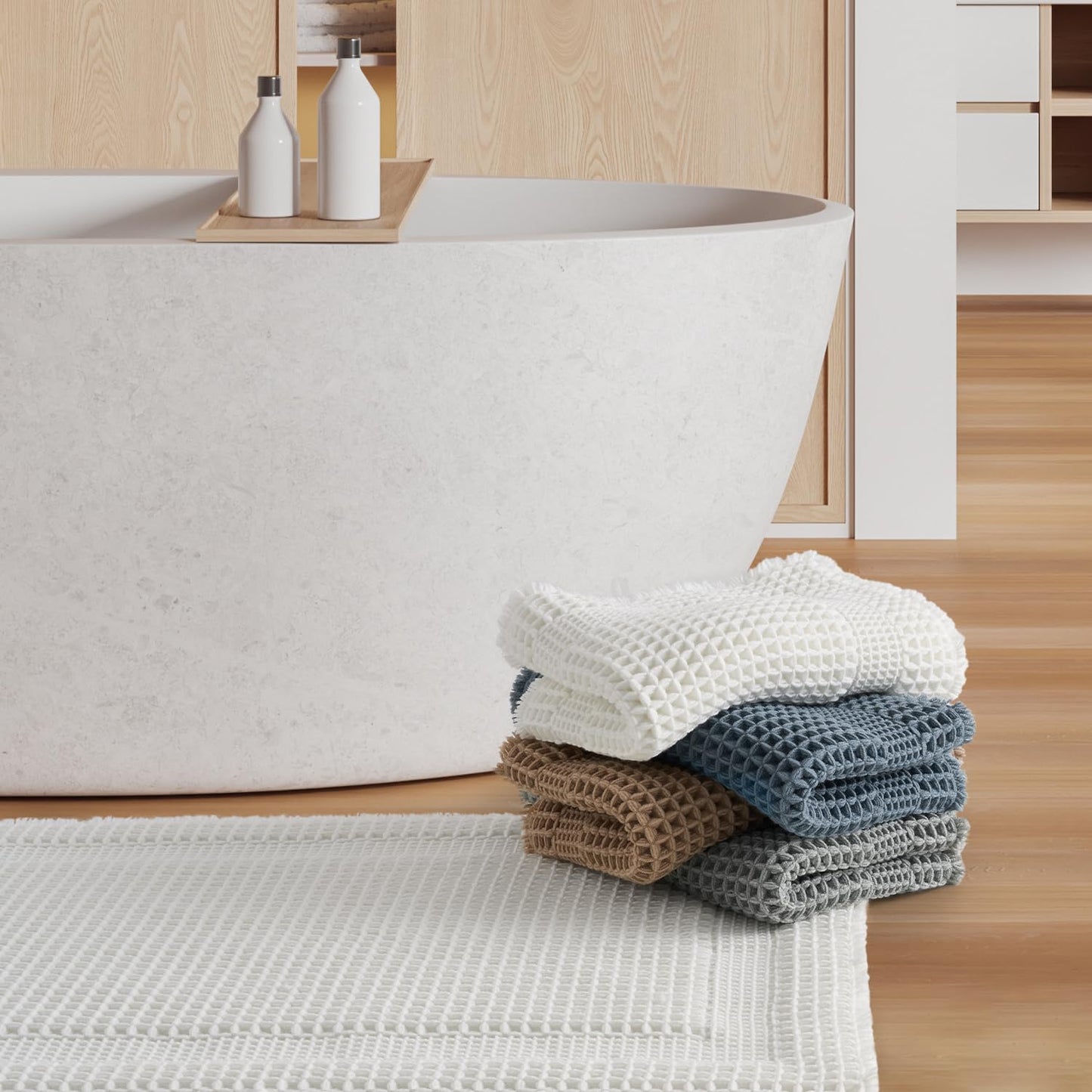 AMOAMI Waffle Bath-Mat, Absorbent Bath Mats for Bathroom Non Slip, Machine Washable Bathroom Rugs with Tassels Ultra Soft Boho Bath Rugs for Floor 24"x36" White