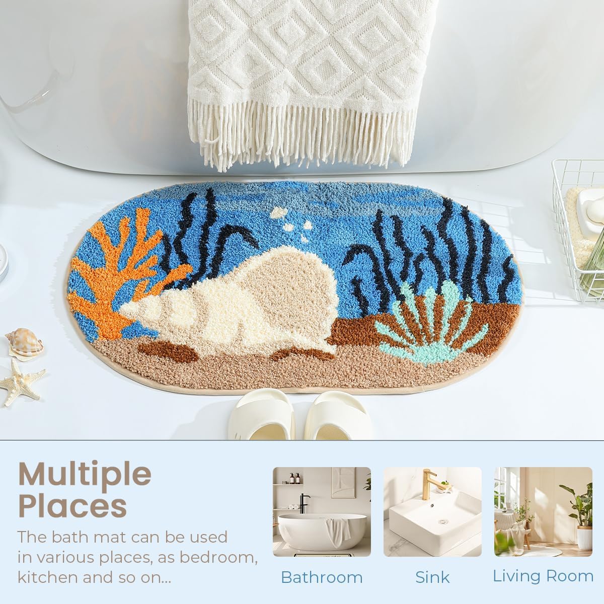 Loismood Coastal Bathroom Rug Ultra Absorbent and Non Slip Bath Mat Machine Washable 23 x 16 Inches, Fluffy Carpet for Bath Tub, Bedroom and Living Room, Conch
