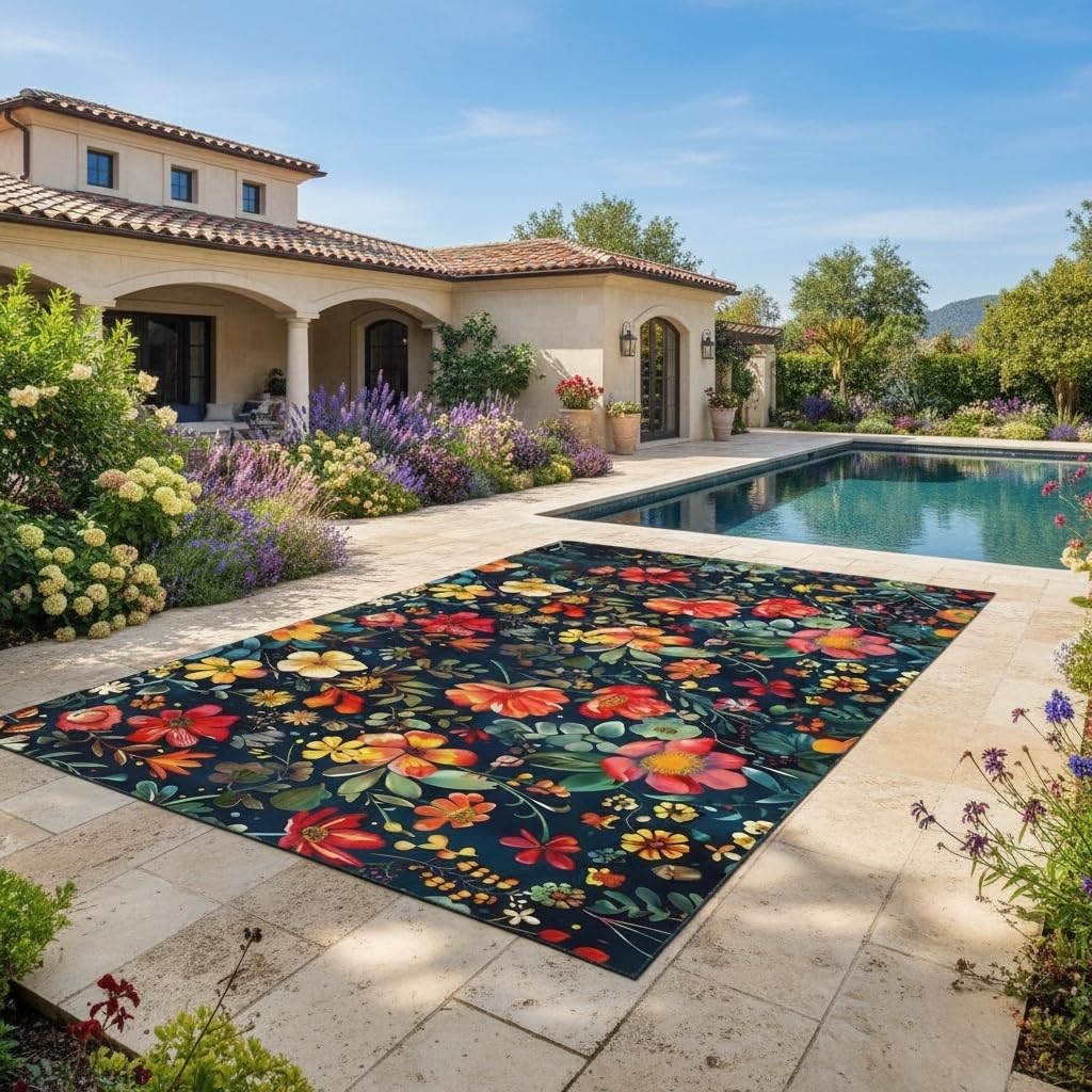Retro Floral Outdoor 2x3 Area Rug for Patio Porch Balcony Garden Deck Washable Waterproof Large Carpet Tropical Boho Red Orange Flower Print Front Yard Camping Easy Clean Non Skid Picnic Camping Mat