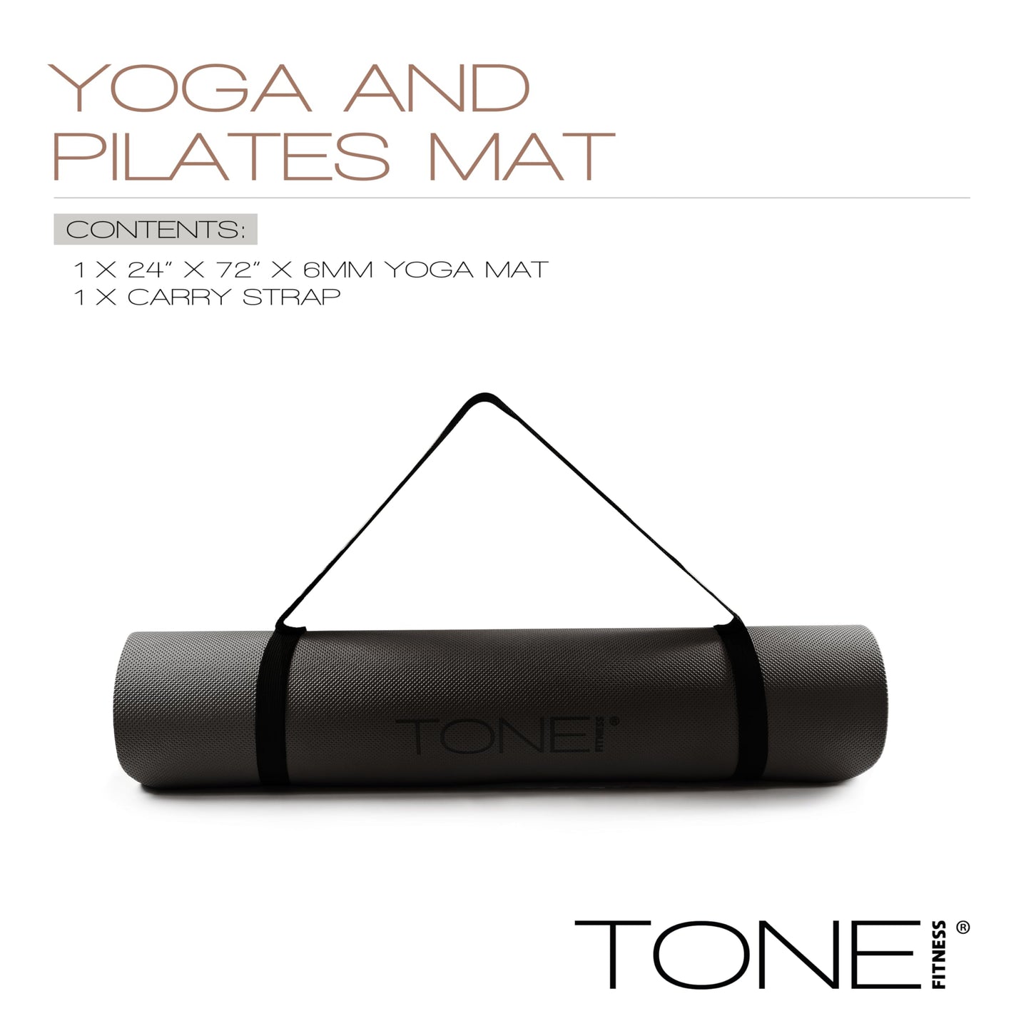 TONE Fitness Yoga Mat 1/4" Thick Non Slip Exercise & Pilates Mat for Home Workouts with Carrying Strap | Pyramid Pattern | Black