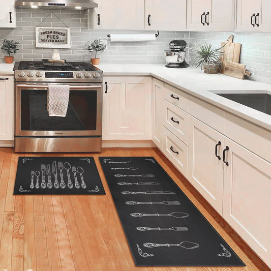 OUXIOAZ Black White Vintage Utensil Kitchen Rugs Set of 2, Elegant Silverware Spoon Fork Knife Floor Mats, Absorbent Non Slip Farmhouse Kitchen Runner Rug for Sink Laundry Room Decor, 17"x30"+17"x47"