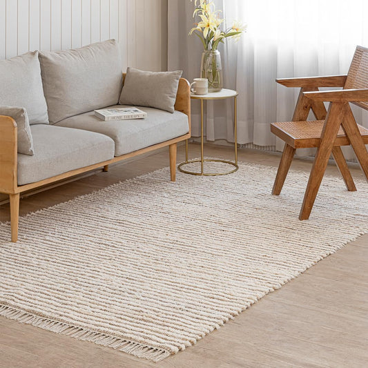 HOMEMONDE Jute Cotton Area Rug 6x9 ft Large Rectangle Hand Woven Natural Farmhouse Rugs for Living Room, Bedroom, Kitchen, High Traffic Area - Rustic Vintage Bohemian (Natural Offwhite)