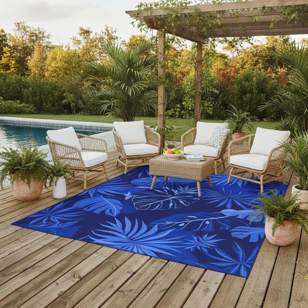 Mamatong Waterproof 2x3 Machine Washable Tropical Outdoor Area Rug for Patio Porch Balcony Deck Garden Non-Slip Stain Resistant Royal Blue Boho Poolside Backyard Camping RV Picnic Thin Outside Rugs