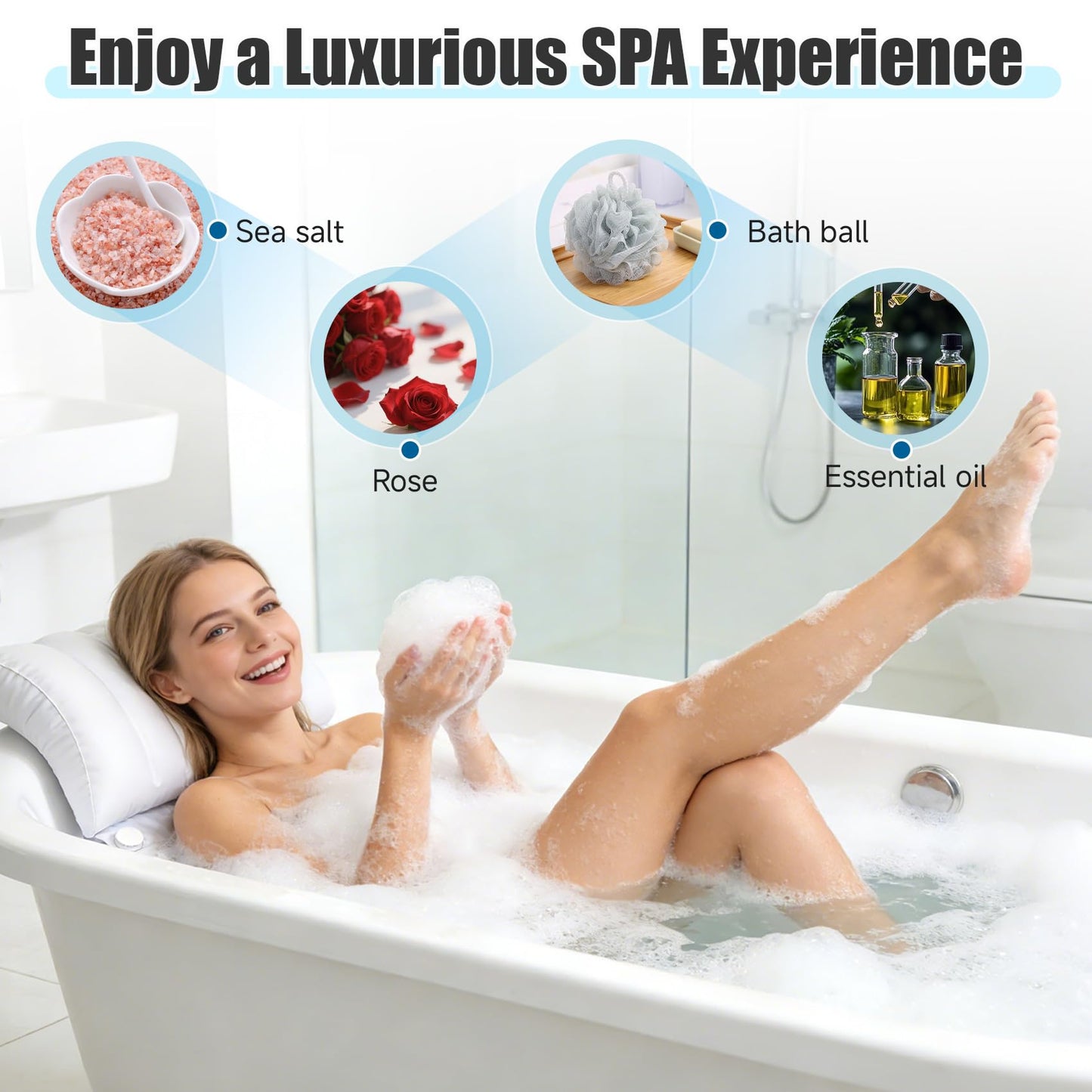 Bubble Bath Mat for Bathtub Spa, Full Body Hydrotherapy Massager with 6 Bubble Speeds & 6-Color LED Lights, Non-Slip Suction Cups, Remote Control & Inflatable Bath Pillow for Stress Relief