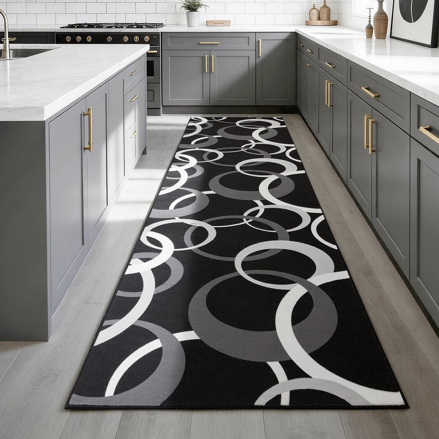 YIHOUSE Washable 2x8 Hallway Runner Rug Non Slip, Black and White 8ft Rug Runners for Bathroom Kitchen Non Skid, Geometric Circle Modern Carpet Runner for Entryway Bedroom