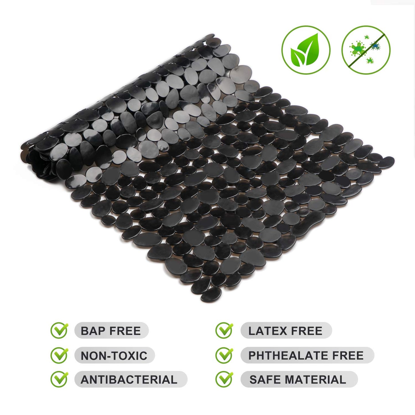 WELTRXE Non Slip Bathtub Mat 35 x 16 Inches Pebbles Shower Mats with Suction Cups, Drain Holes for Bathroom Showers, Tub, Machine Washable Bathroom Mats BPA, Latex Free Safe Tub Mats - Black