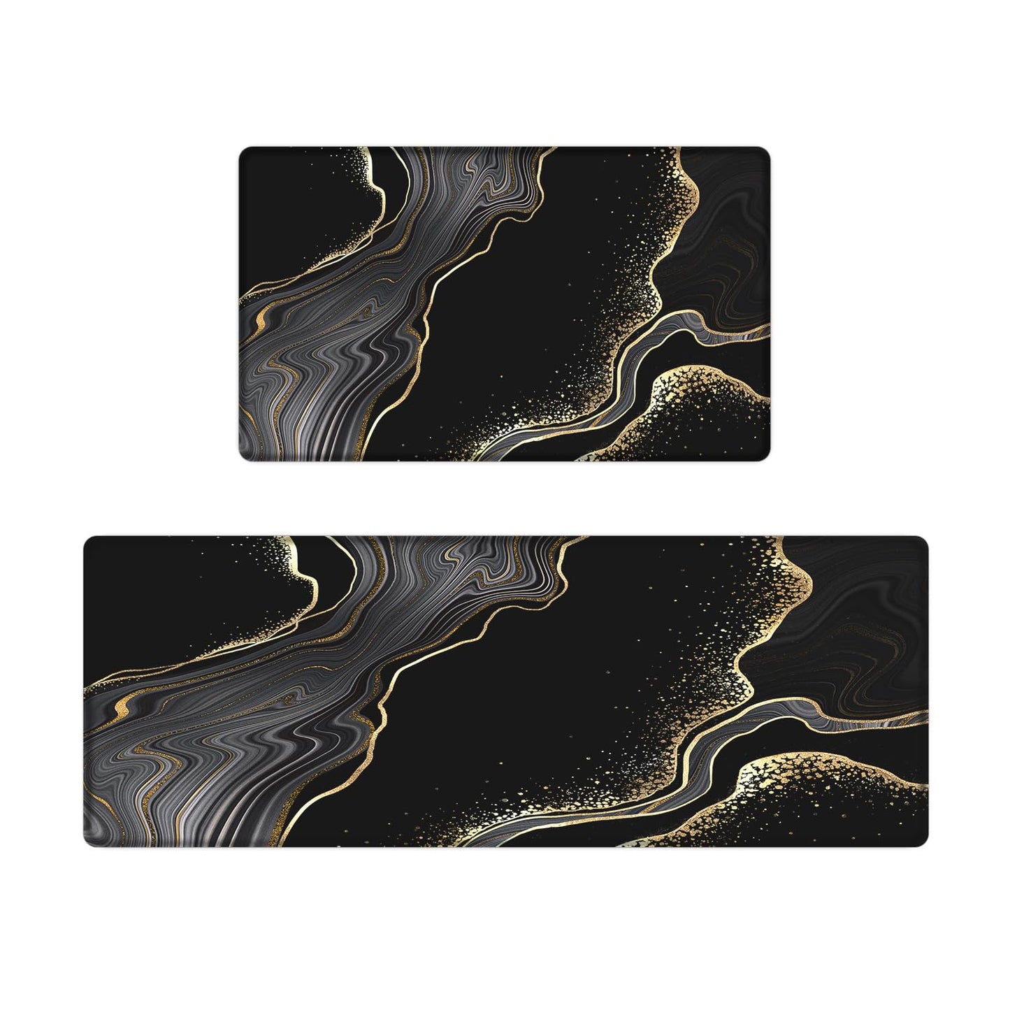 Azppsad Kitchen Mats Set of 2, Cushioned Anti Fatigue Non Slip Waterproof Runner, Black and Gold Marble Design, PVC Memory Foam, 17.3"x47" and 17.3"x29" Rectangle Rugs for Kitchen Sink and Laundry