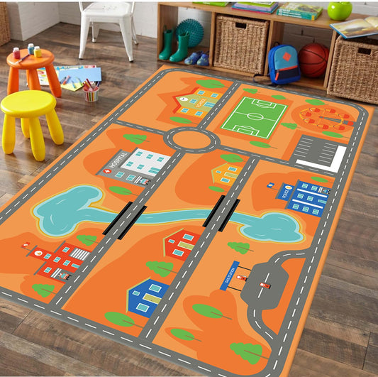 LHOMKCV Children's Play Rug, 6x8ft, Kids Car Play Rug, City Life Traffic Road Kids Rug, Children Educational & Game Area Rug, Train Rug Non-Slip Foldable Play Mat for Bedroom Playroom Nursery