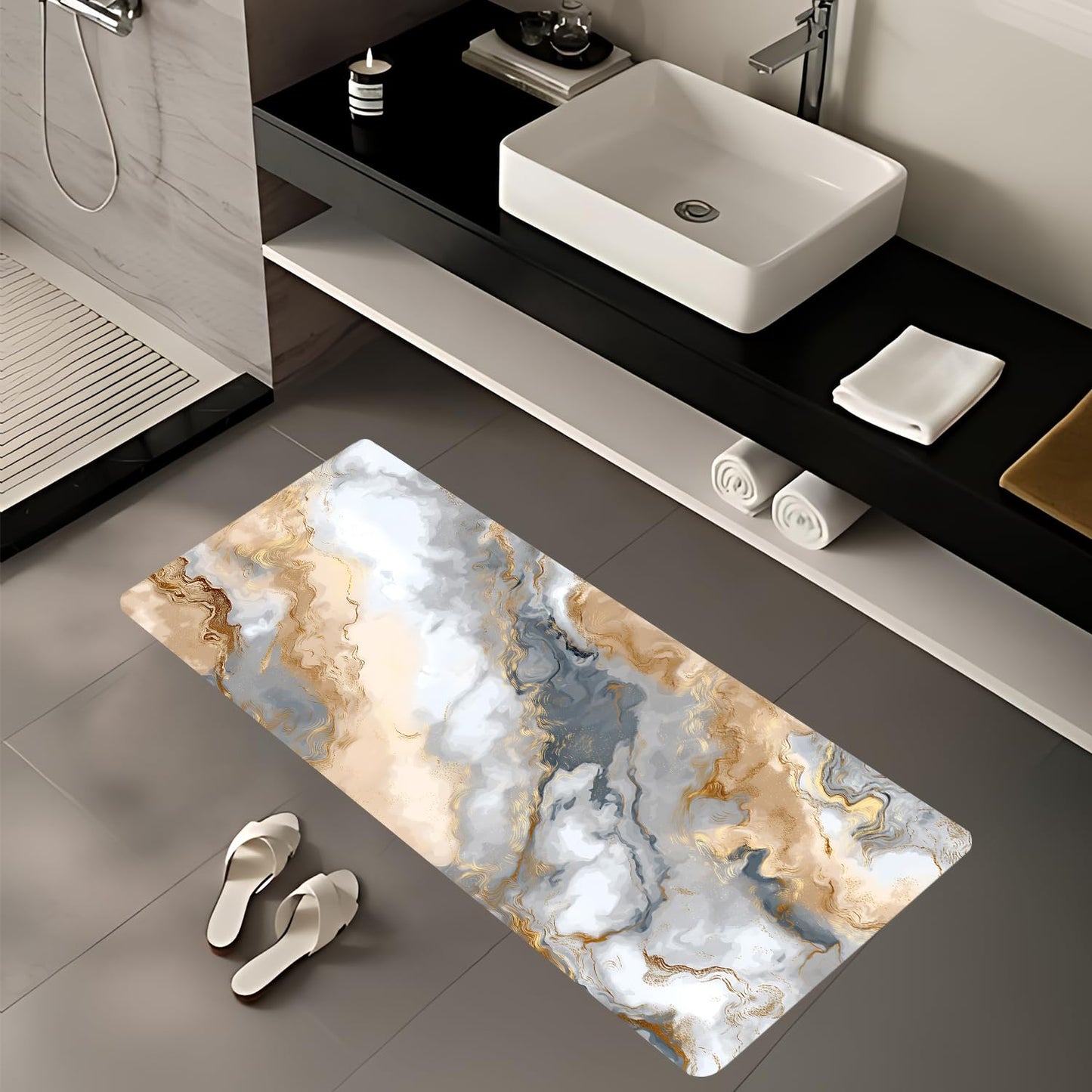 ANNA QUEEN Gray Gold Marble Laundry Room Rug Runner 20 x 47 Inch,Non Slip Washable Cushioned Modern Floor Mat for Washer Dryer,Kitchen and Bathroom