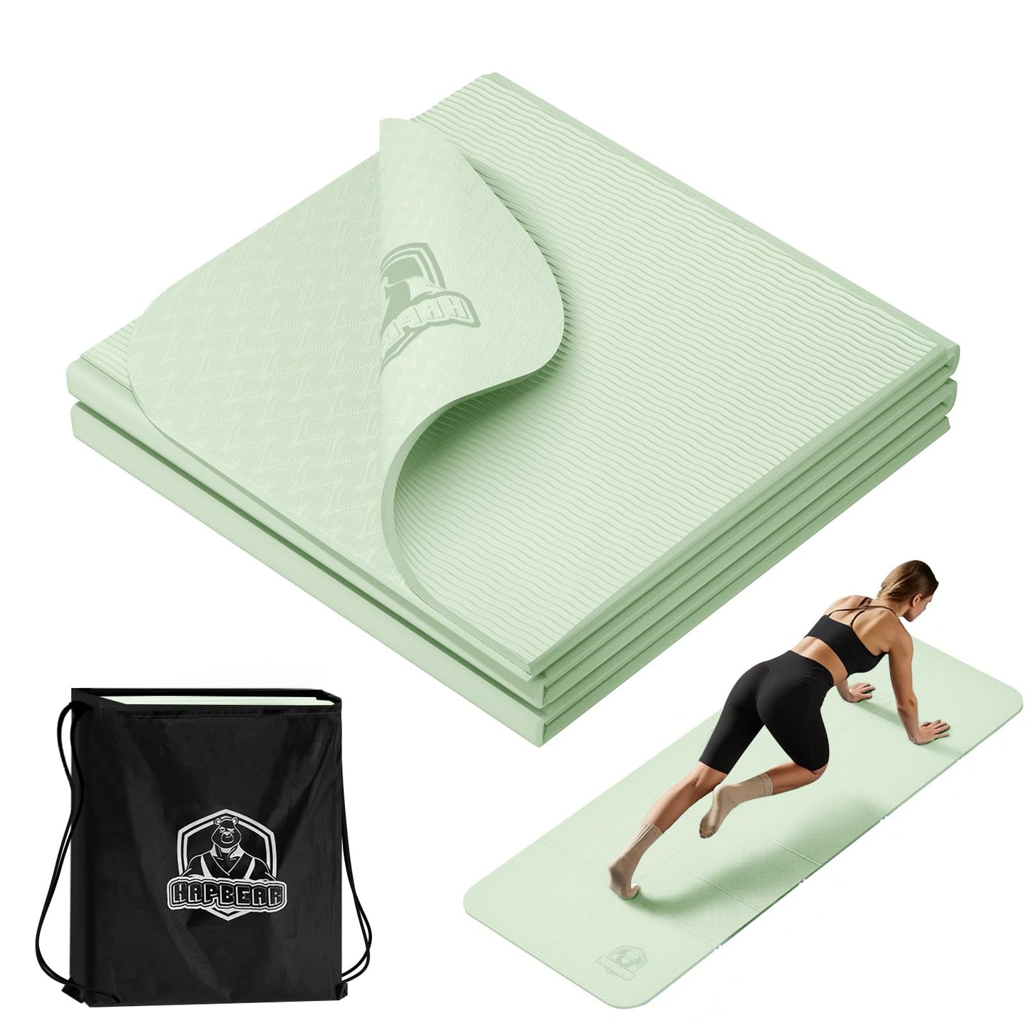 HAPBEAR Foldable Yoga Mat - 72"x24"x0.24" (6mm), Non-Slip TPE Exercise Mat for Home Workout, Yoga, Pilates,Stretching, & Travel, Durable & Eco-Friendly, Includes Carry Bag