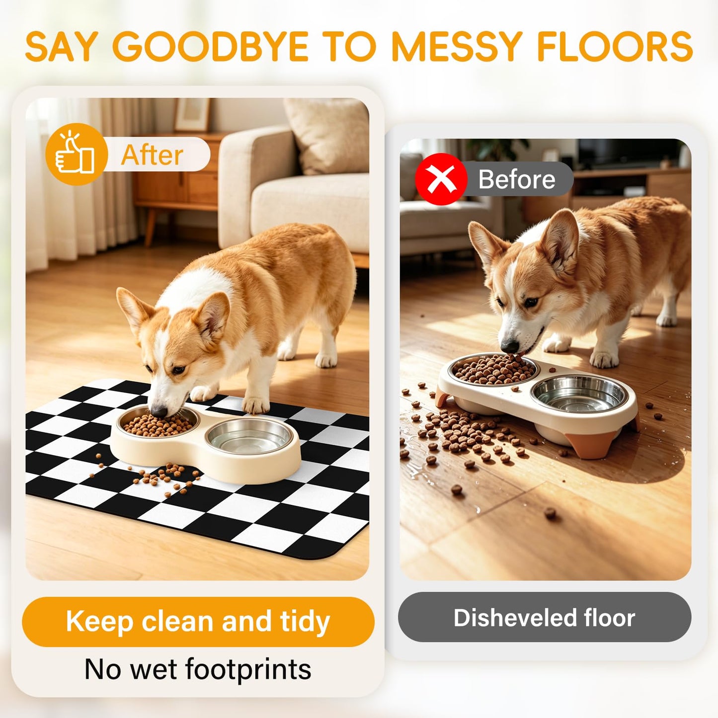 Focysep Absorbent Checkered Dog Food Mat, Leakproof Quick-Dry Pet Feeding Mat Cat Food Mat 24" x 16"Black for Food & Water Bowls, Easy-Clean Pet Bowl Mat for Dogs & Cats, Kitchen, Home or RV Use