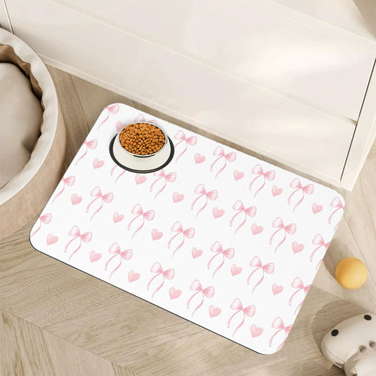 Cute Pink Bow Dog Food Mat for Floors,Heart Absorbent Pet Food and Water Bowl Mats,Non-Slip Pet Feeding Mat,Pet Supplies 12" x 20"