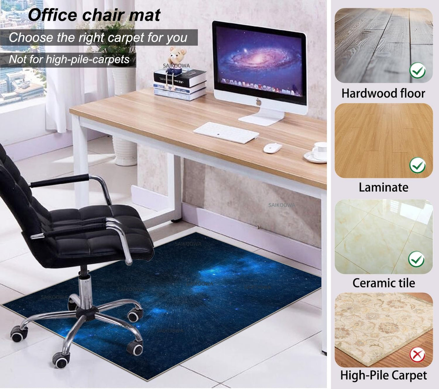 Chair Mat for Hardwood Floor,48"*36" Easy Glide Computer Chair Mat for Hard Wood and Tile Floor,Anti-Slip Floor Protector for Home Office Blue Starry Sky