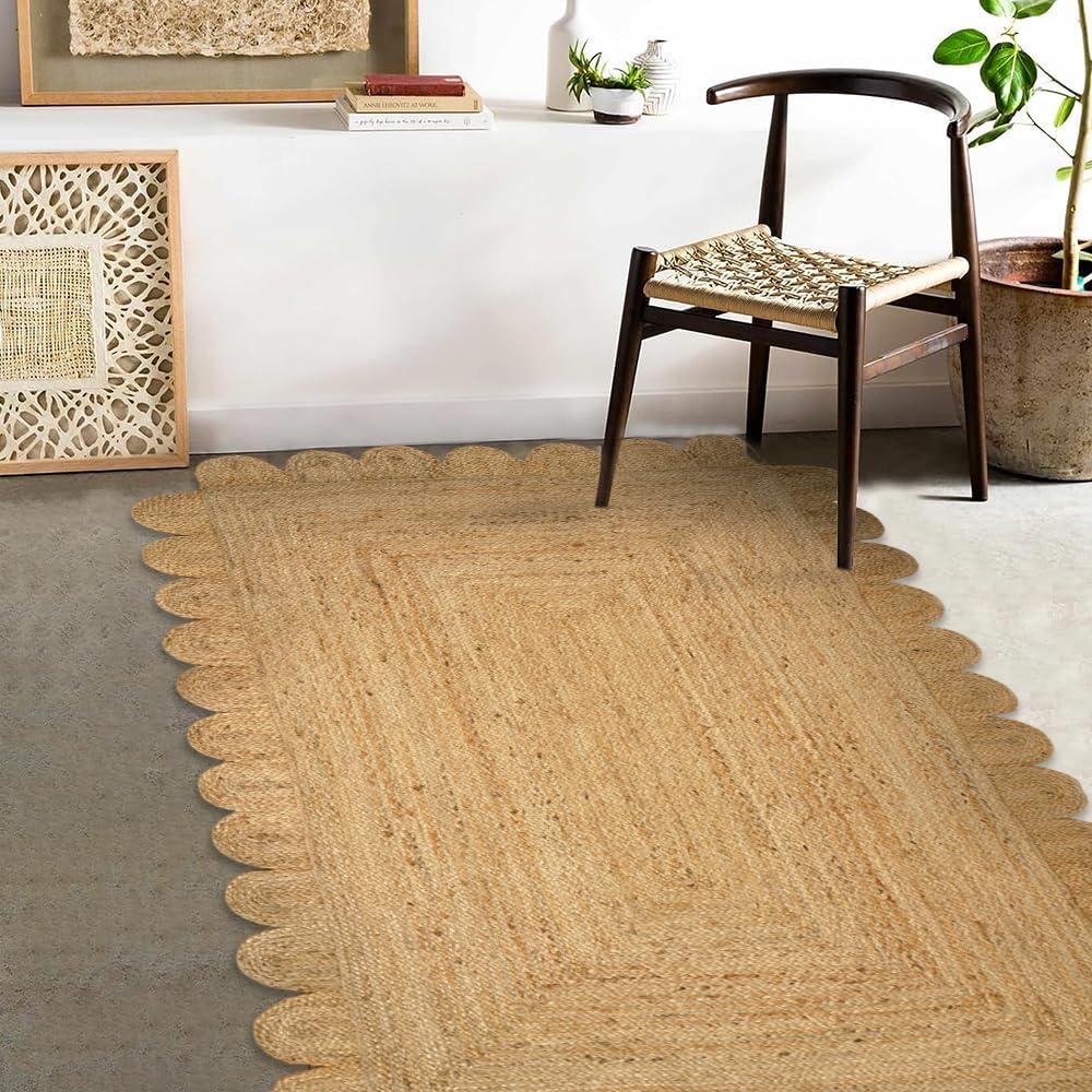 GRUHUM Scalloped Jute Area Rugs 8x10ft Rectangular Natural Fiber Handwoven Soft Braided Rustic Vintage EcoFriendly Rug- Farmhouse Indoor EcoFriendly Livingroom Bedroom Kitchen Hallways 8x10 Rectangle