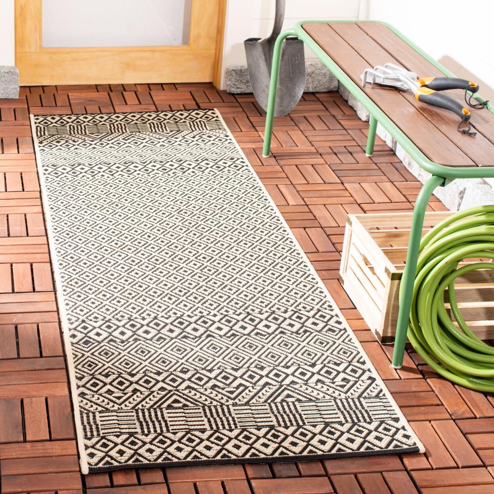 SAFAVIEH Washable Rug Outdoor Courtyard Collection - 2'3" x 6'7" Runner, Beige & Black, Non-Shedding & Easy Cleaning, Ideal for Patio, Entryway, Mudroom, Hallway, Kitchen (CY6235-25612)