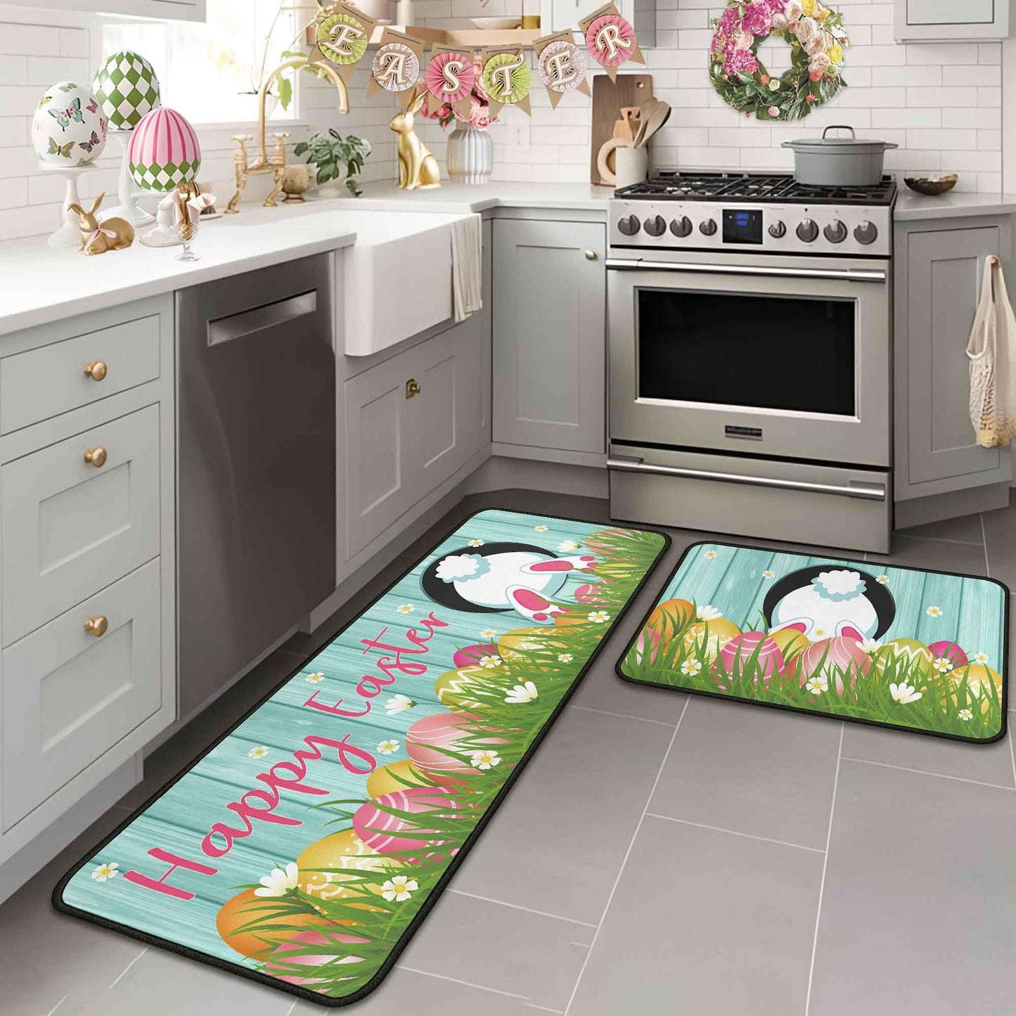 Putware Easter Kitchen Rugs and Mats Set of 2, Easter Decorations for Home Non Slip Backing Happy Easter Kitchen Rug Seasonal Low-Profile Kitchen Floor Mat Easter Decor 17"X47"+17"X30"