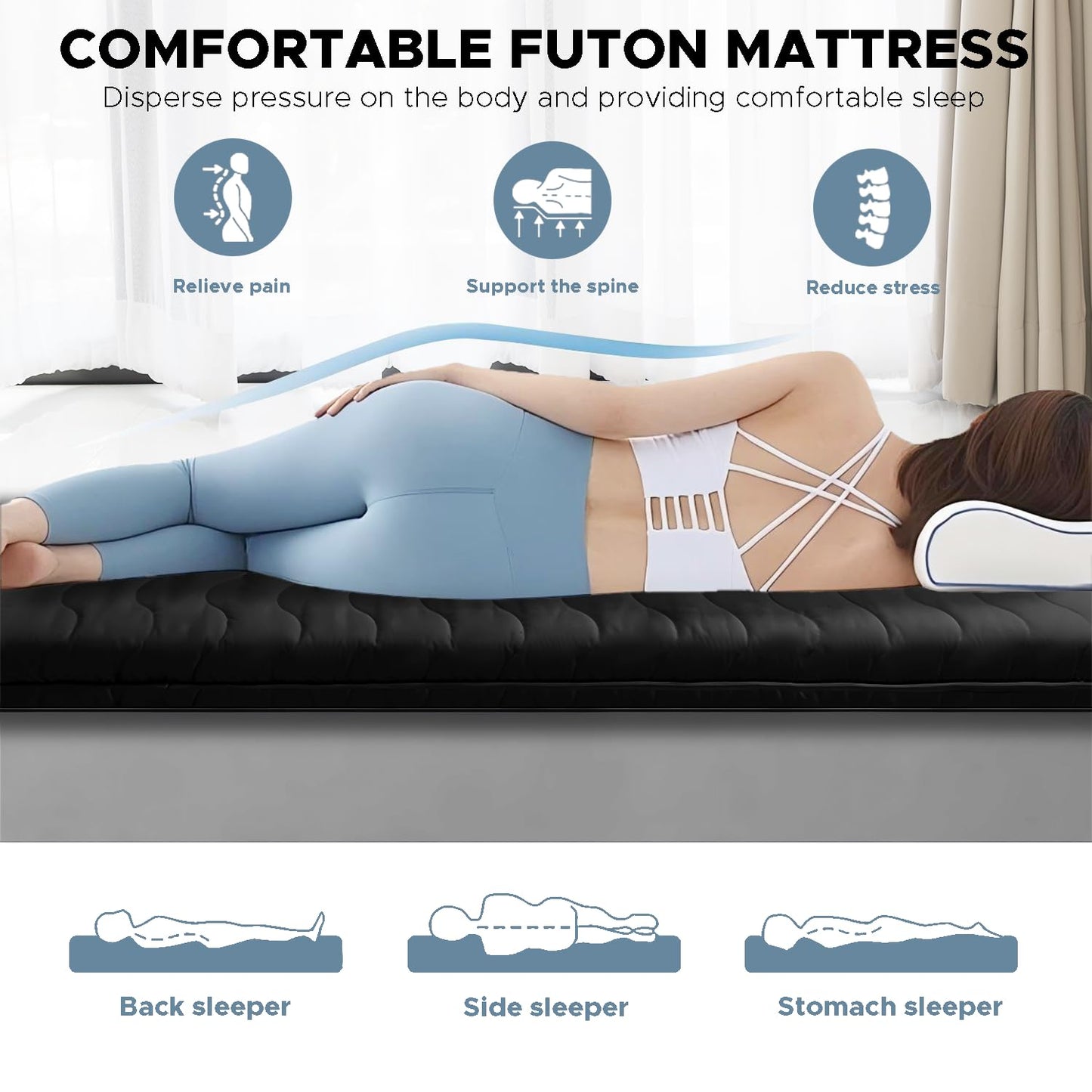 Japanese Floor Mattress, 100% High Density Comfortable Foam, 4" Thicken Foldable Mattress Tatami Mat Sleeping Pad, Ideal for Comfort and Support, Kids Floor Lounger Camping Bed Sofa, Black, Queen
