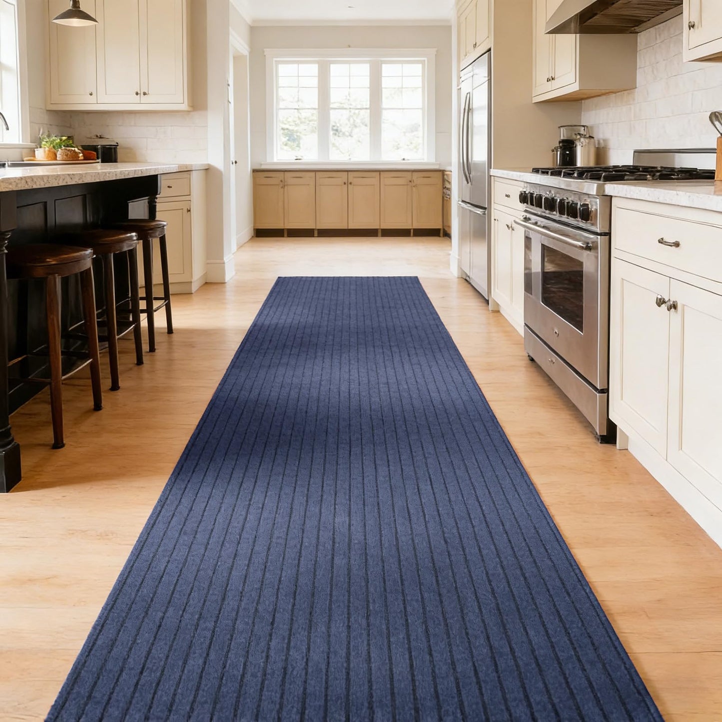 Stripe Runner Rug 2 x 6 ft Indoor Outdoor, Gray Non Slip Rubber Backing, Waterproof Low Profile Area Runner for Hallway, Entryway, Kitchen, Patio, Garage, Stairs & Laundry