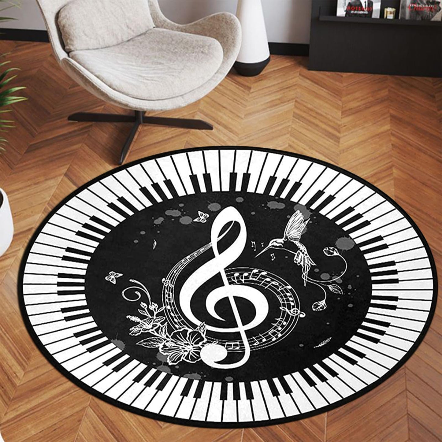 keepcute Music Round Area Rug Piano Notes Doormat Non-Slip Floor Mat Round Area Rug Carpet for Bedroom Living Room Study Playing Carpet, 3' Diameter