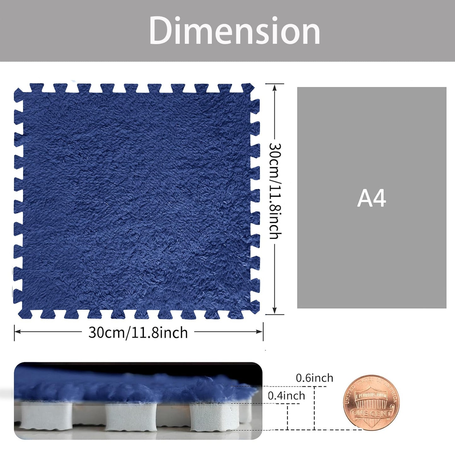 Jaderlu 16pcs 0.6" Thickened Interlocking Tile Mats,Fluffy Shaggy Soft EVA Foam Area Rug for Living Room&Bedroom,Non-Slip Protective Floor Carpet Play Mat Kids Baby Dorm Home Decor 11.8ft (Navy Blue)
