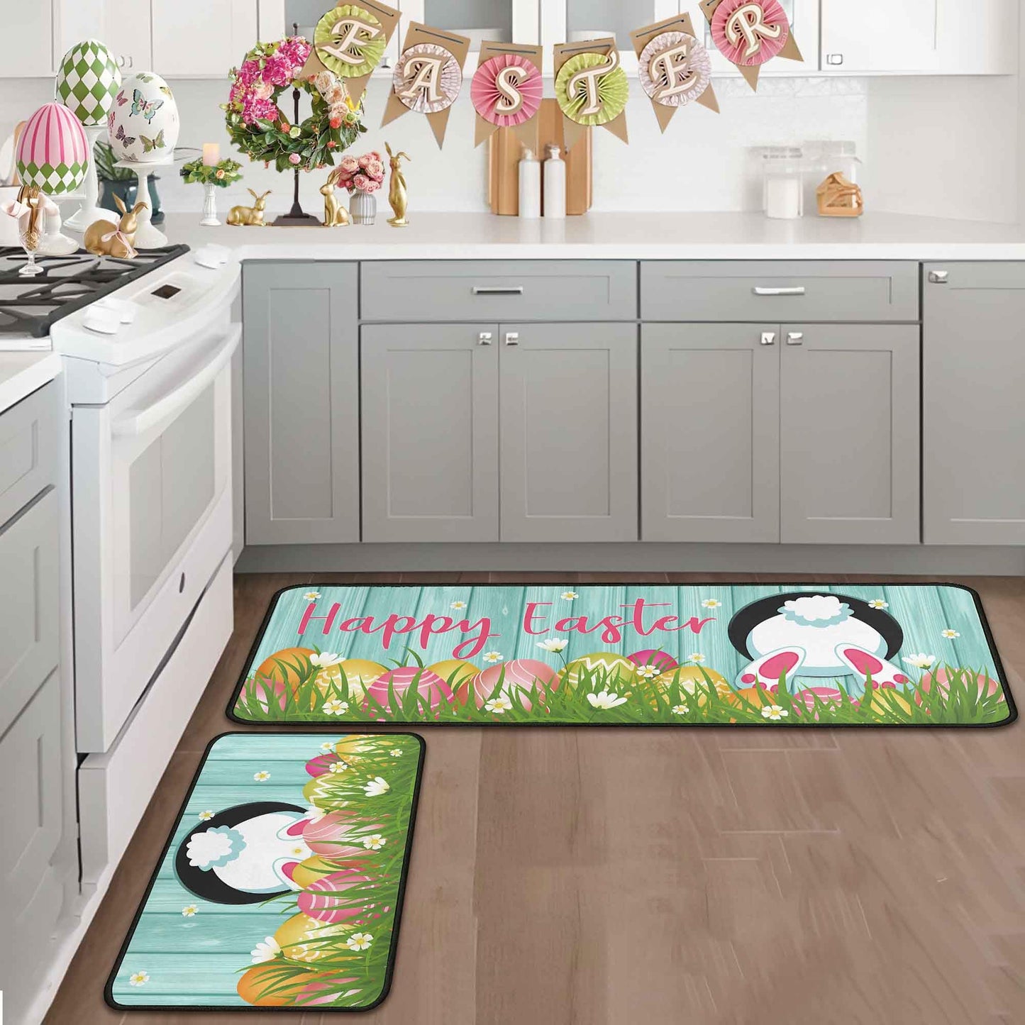 Putware Easter Kitchen Rugs and Mats Set of 2, Easter Decorations for Home Non Slip Backing Happy Easter Kitchen Rug Seasonal Low-Profile Kitchen Floor Mat Easter Decor 17"X47"+17"X30"