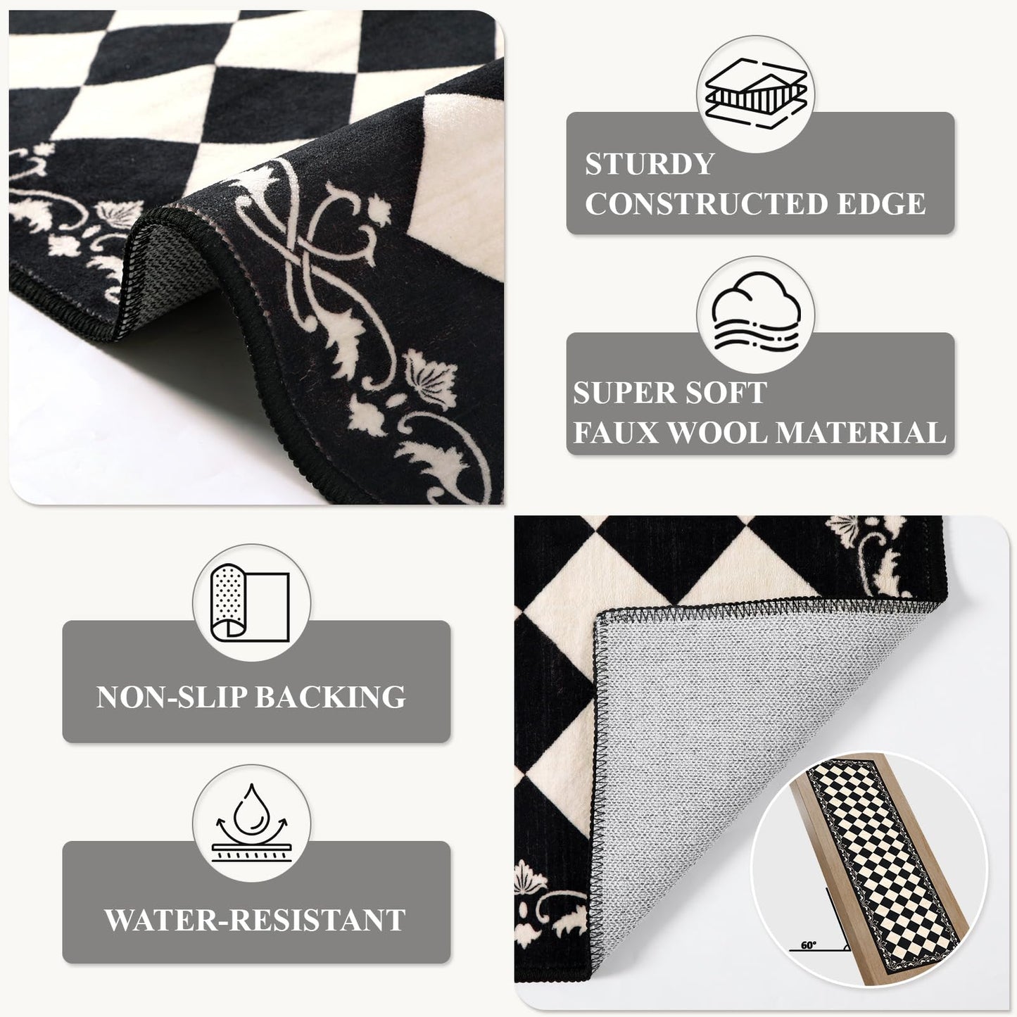 Beeiva Checkered Bathroom Runner Rug 2x6, Black and White Washable Runners for Hallways Non Slip, Moroccan Trellis 2x6 Rug for Besides Laundry Kitchen, Checkerboard Stain Resistant Bathroom Decor