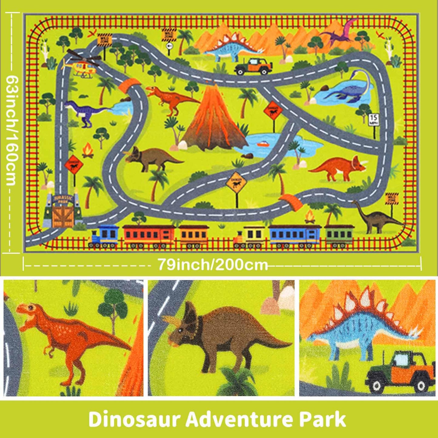 LIVEBOX Kids Dinosaur Car Rug Play Mat, Washable Playroom Rug with Roads for Toy Cars, Non Slip Safari Dino Park Adventure Carpet for Boys Bedroom（ 5.3x6.6 ft ）