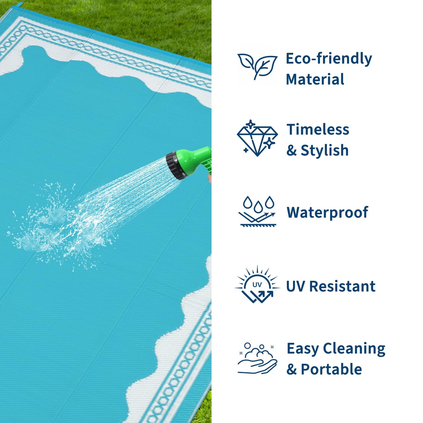 GarveeHome Outdoor Rug 8x10 Patio Waterproof, Reversible Plastic Straw Rugs for Camping, Picnic, Balcony, Porch, RV, Easy-Clean & Quick Dry Scalloped Pattern Large Indoor Outdoor Carpet, Light Blue