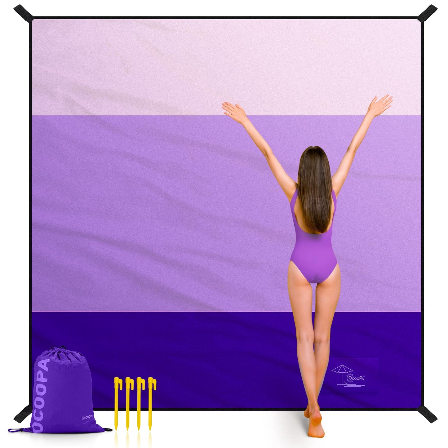 OCOOPA Extra Large Beach Blanket, Sand Free, Large Oversized Camping Mat, Comfortable Parachute Nylon, Cozy& Chic, Compact& Light, 4 Stakes&1 Travel Bag, S09