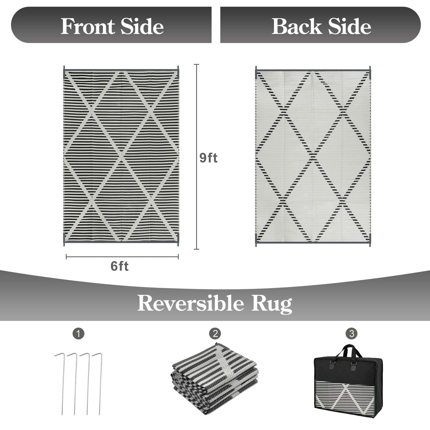 Wonnitar Outdoor Rug 6x9, Waterproof Reversible Plastic Straw Rug for Patio, Foldable Camping Mat with Carry Bag for RV, UV-Resistant Outside Rug for Deck, Balcony, Beach, Black & Grey
