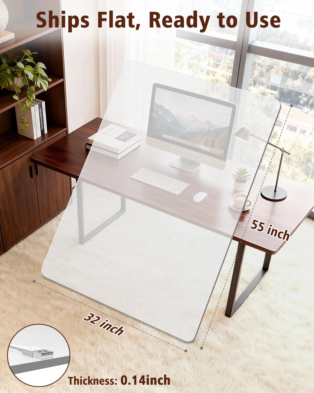 Soimeat Hard Frosted Office Chair Mat for High Pile Carpet and Hardwood Floor, 32" x 55" Anti-Slip Computer Rolling Chair Mat, Heavy Duty Chair Pad Under Desk Carpeted Floor Protector for Home, 1 PCS