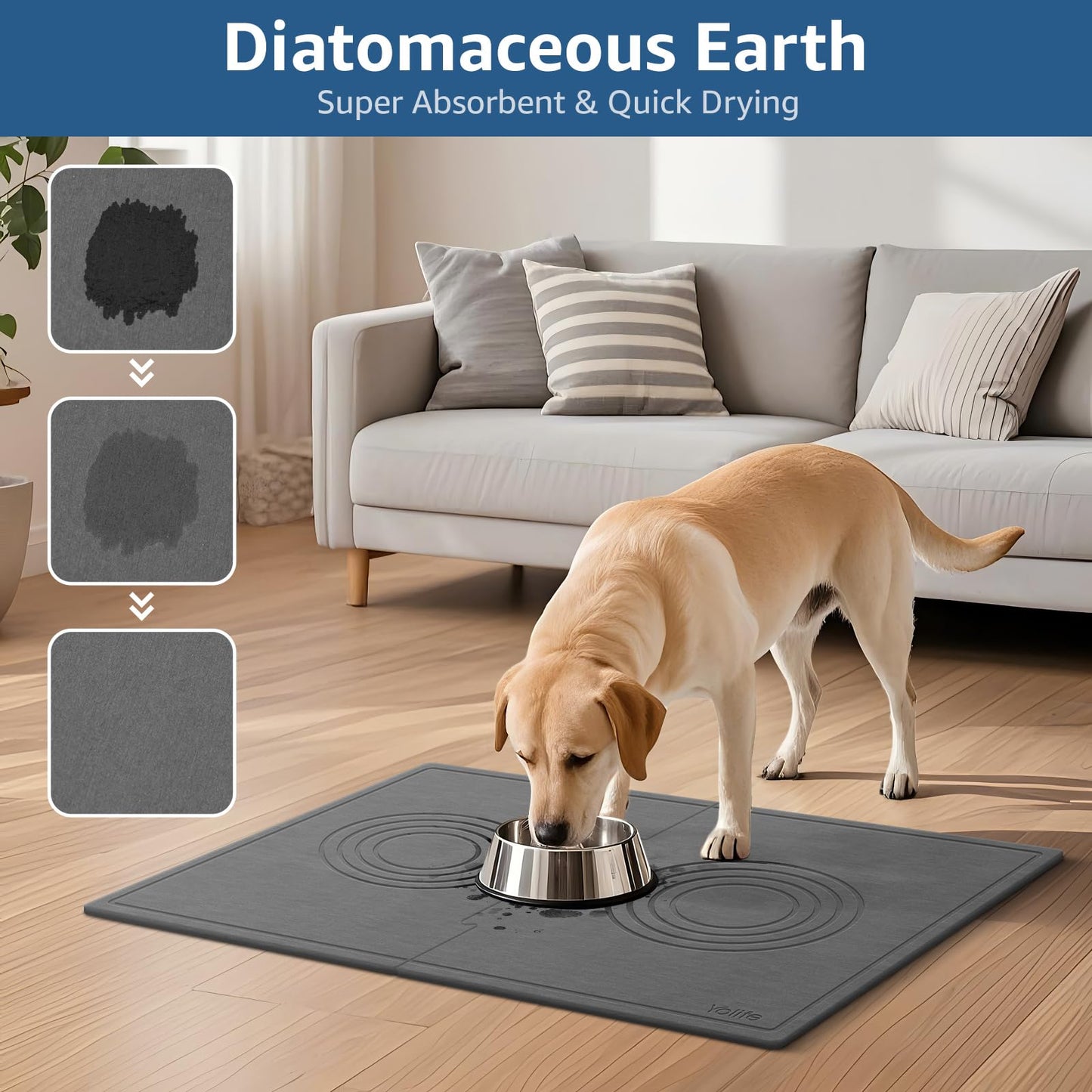 Yolife Extra Large Dog Water Bowl Mat, Fast Water Absorbing Stone Pet Feeding Mat for Messy Drinkers, Stone Drying Mat for Dogs Food and Water Bowls, Dog Cat Food Mats for Floors(31.5” x 19.7”, Grey)