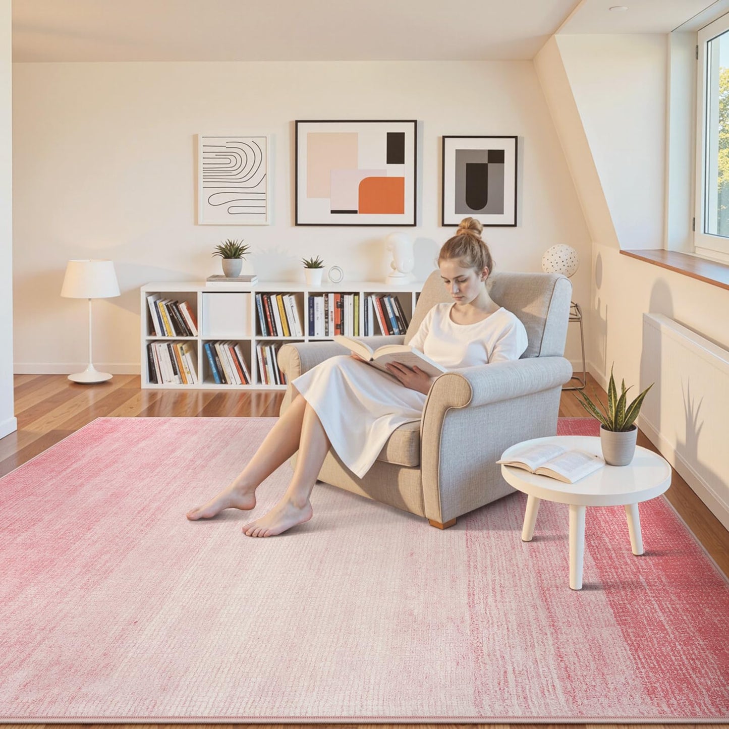 Wonnitar Washable Light Pink Rug, 5x7 Modern Ombre Rugs for Living Room, Non-Slip Abstract Area Rug for Bedroom Girls, Non-Shedding Soft Large Throw Carpet for Bathroom (Pink, 5'x7')